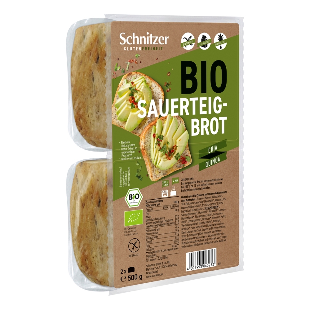BIO -  Pão de chia, com farinha integral de quinoa, SEM GLÚTEN, 2x 250g