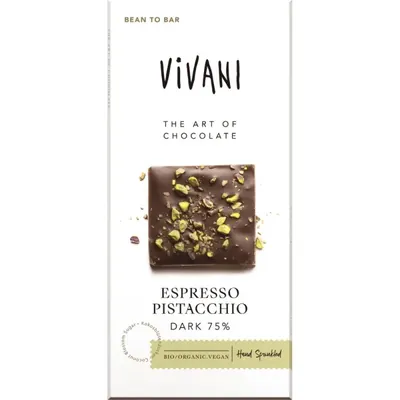 VIVANI - Chocolate BIO - Escuro 75% Cacau c/ Pistáchio e Café Expresso, 80g